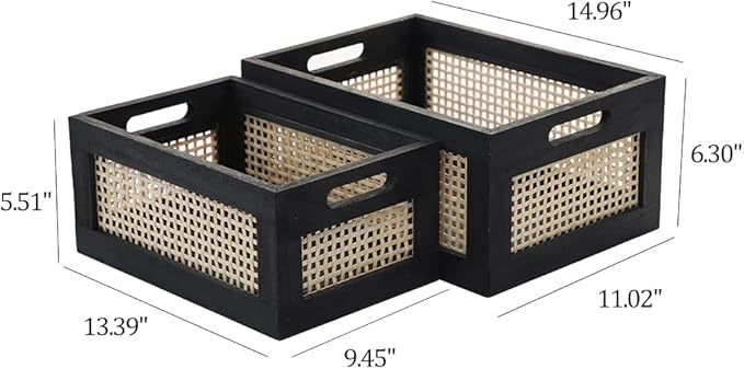 Wood Baskets, Rattan Storage Baskets for Organizing, Black, Set of 2