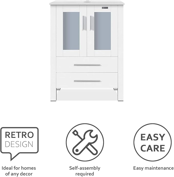 eclife 36" Modern Bathroom Vanity Sink Combo Freestanding Cabinet with Small Side Cabinet, White Shell Ceramic Vessel Sink, Water Save Faucet, Drain (White+T54)