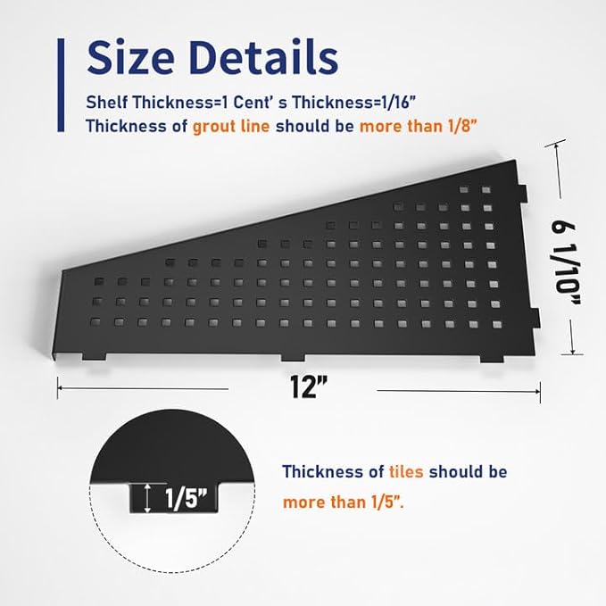 Corner Shower Shelf, Matte Black 12" Trapezoid Grout in Shampoo Shelf, 304 Stainless Steel Grid Design Recessed Bathroom Shelf for Tiled Wall
