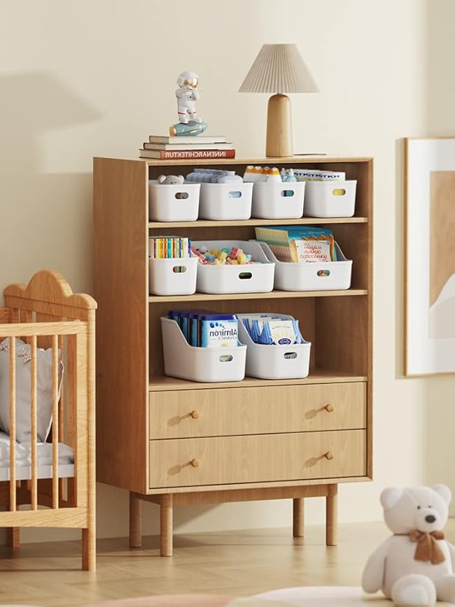 White Plastic Bins/Storage Organizers - Pantry Baskets, Bins for Shelves, Organizer and Storage for Bathroom, Bedrooms, Kitchens and More - Medium Size (3 Pack)