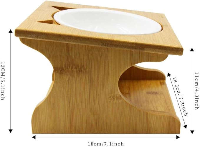 Cat Bowls Pet Dining Table with Raised Slope Wooden Stand Elevated Pet Bowls with Oblique Stand for More Comfortable Eating for Cats, Dogs, Kitten and Puppy (Single Bowl, Ceramics)