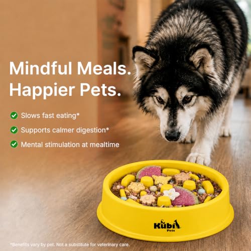 Slow Mo Bowl | Slow Feeder Dog Bowl for Fast Eaters, Improves Digestion & Reduces Bloating, Fun Interactive Design, & Dishwasher Safe | Kubi Pets | Yellow (Yellow)