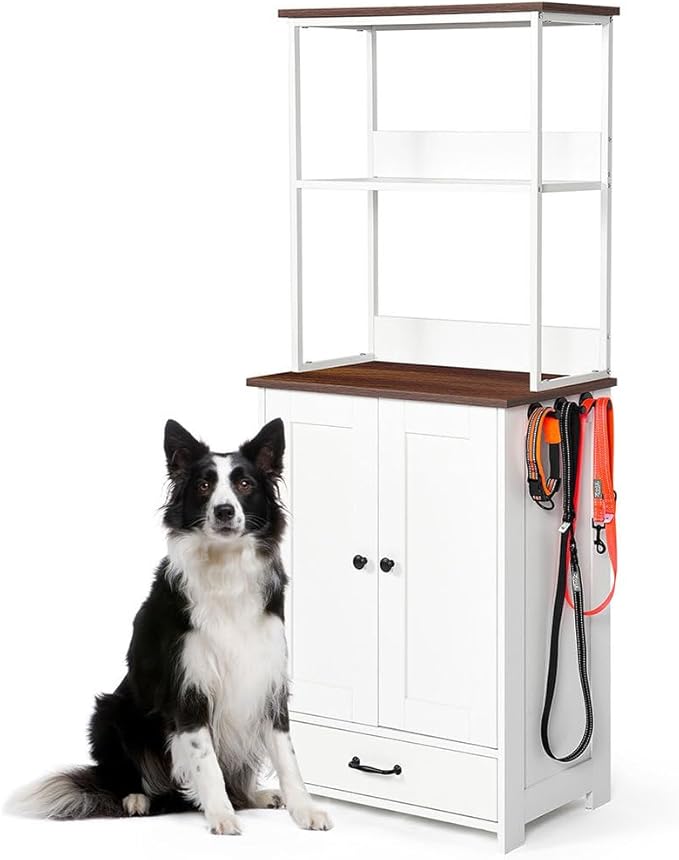 Dog Food Storage Cabinet, Dog Feeding Station Elevated Dog Bowls with Adjustable Panel and 2-Level Shelving Hidden Pet Feeder Station Wood,for Feeding & Watering Supplies, White