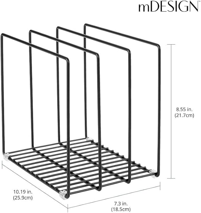 mDesign Steel Storage Tray Organizer Rack for Kitchen Cabinet - Divided Holder with 3 Slots for Skillets, Frying Pan, Pot Lids, Cutting Board, Baking Sheets - Concerto Collection - Black