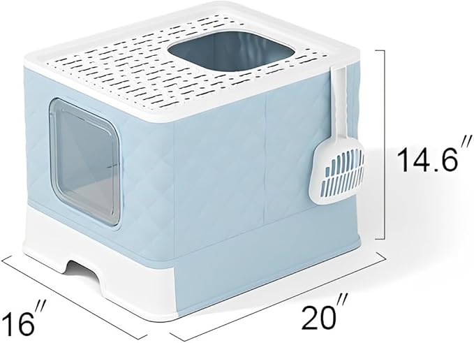 Gagee Foldable Cat Litter Box, Extra Large Front Entry Top Exit Box with Lid, Drawer Type Enclosed Kitty Scoop, Anti-Splashing Toilet Easy Cleaning,Blue