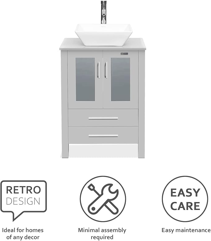 eclife 24" Modern Bathroom Vanity Sink Combo Freestanding Cabinet with Soft Closing Door, White Square Ceramic Vessel Sink, Water Save Faucet, Drain (Gray+A07)