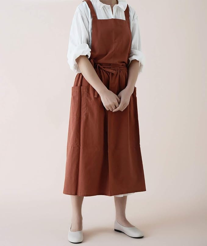 VLZUFE Women Cotton Linen Cross Back Apron with Pockets for Gardening Works Pinafore Dress
