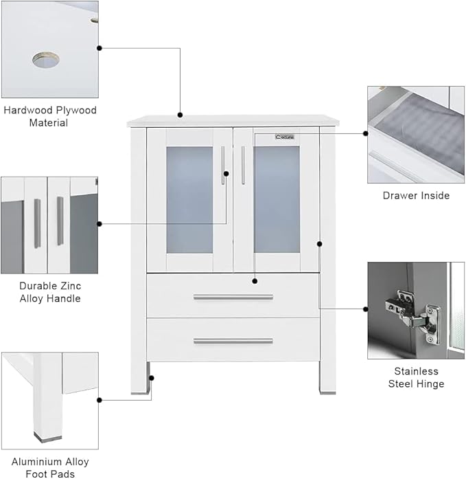 eclife 48" Modern Bathroom Vanity Sink Combo Freestanding Cabinet with Small Side Cabinet, Clear Round Glass Vessel Sink, Water Save Faucet, Drain (White+A16)