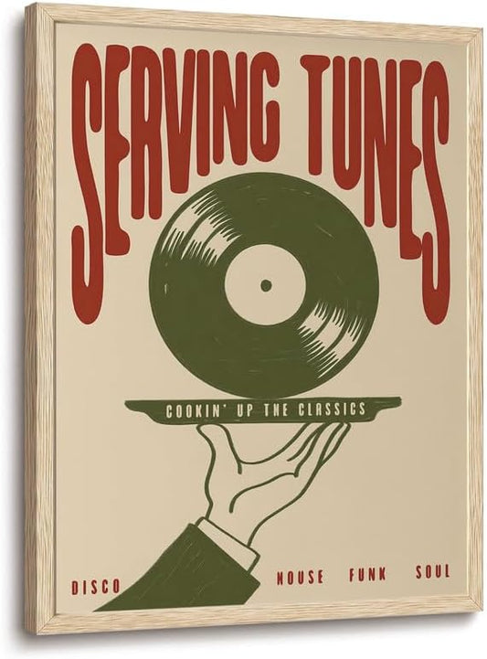 XJYISUO Framed Wall Art Vintage Music Wall Decor Retro Vinyl Record Canvas Art Serving Tunes Pictures Trendy Mid Century Paintings Disco Funk Soul Artwork For Living Room Home Bar Music Room