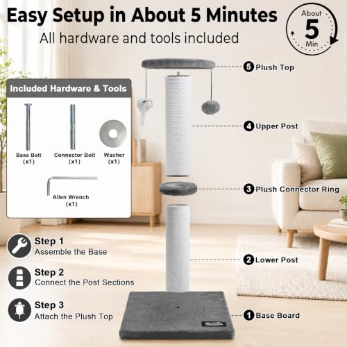 34-Inch Tall Cat Scratching Post for Large Cats, Gray - Image 7