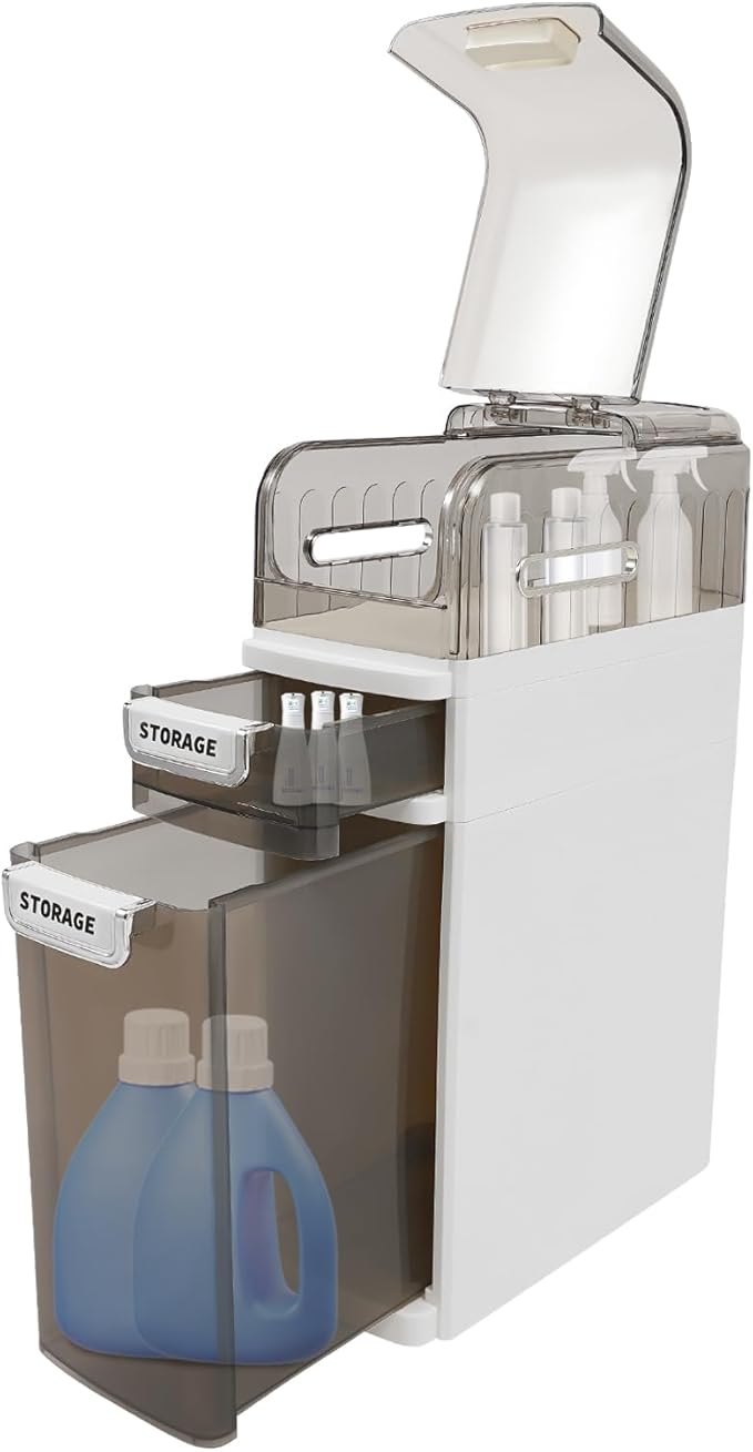 Bathroom Floor Storage Cabinet, Narrow Slim Organizer Multi-Tiers Toilet Paper Cabinet Waterproof W/Clear Drawers,for Tiny Kitchen Laundry Living Room Toilet Gap (3 Tiers)