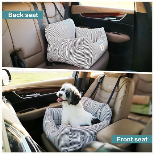 Dog Car Seat for Small Dogs, Puppy Booster Seat with Washable Pet Bed, Safety Leash and Storage Pocket, Non Slip Base Travel Seat for Car SUV Home Use, Brown