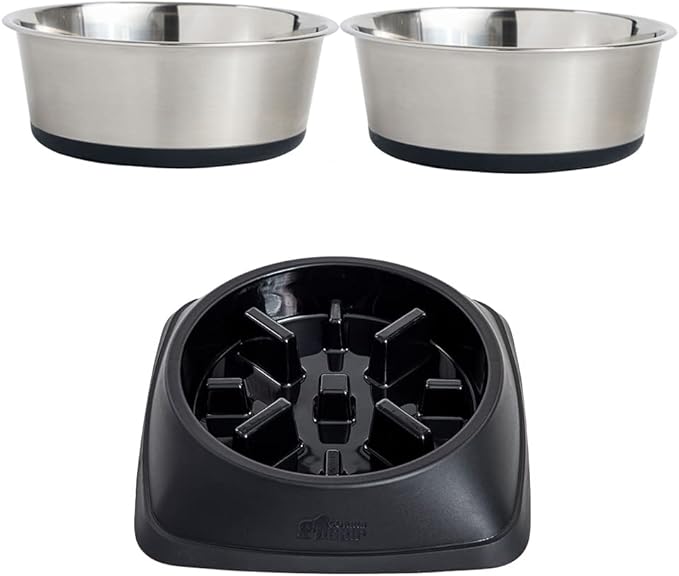 Gorilla Grip Dog Bowl Set of 2 and Slow Feeder Dog Bowl, Pet Bowls 4 Cups Stainless Steel, Pet Bowls 2 Cups Prevent Overeating, Both in Black, 2 Item Bundle