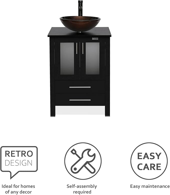 eclife 24" Modern Bathroom Vanity Sink Combo Freestanding Cabinet with Soft Closing Door, Brown Round Glass Vessel Sink, Water Save Faucet, Drain (Black+A09)