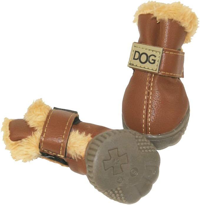 Winter Dog Boots & Paw Protectors: Outdoor Anti-Slip Dog Snow Shoes, Dog Booties Provide Warmth to Dogs Paws from Ice and Snow, Rubber Sole PU Leather Faux Fleece-Lined, Light Brown Dog Shoes Size 7