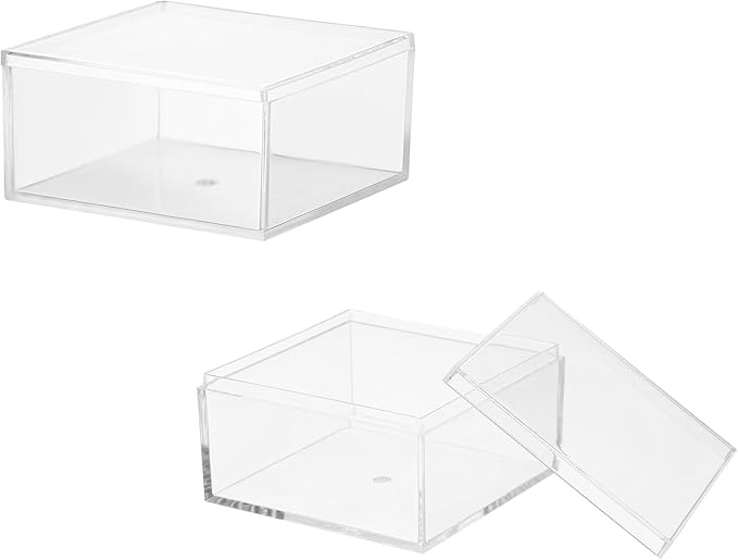 Acrylic Box with Lid, 2.95 x 2.95 x 1.57 in Acrylic Display Case Plastic Square Cube Container Storage Holder Stackable Bins for Cosmetic Collectible Candy Jewelry(2 Pack, Clear)