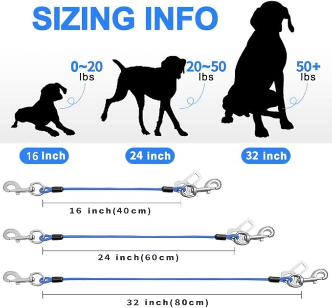 Dog Seat Belt Harness for Car,2pcs Dog Seatbelt of Coated Wire Leash Safety Restraint,No Chew Tether Cable Vehicle Dogs Accessories,Double Clips & Latch (Blue, 24 inch/60 CM)