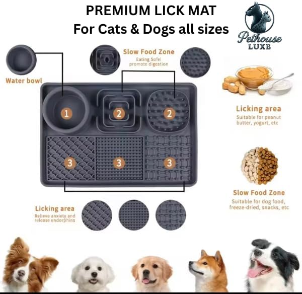 Silicone Dog & Cat Lick Mat with Suction Cups – Anxiety Relief, Slow Feeder, Enrichment Toy for Bath & Grooming (Grey)