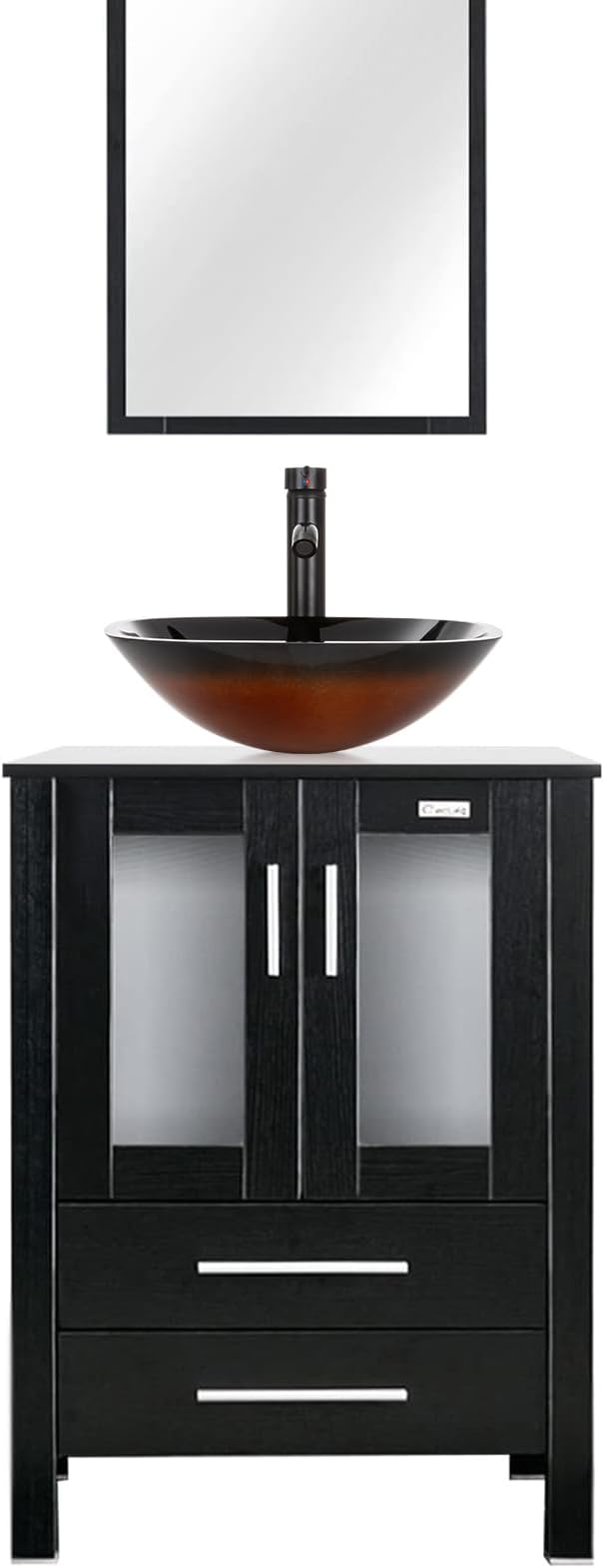 eclife 24" Modern Bathroom Vanity Sink Combo Freestanding Cabinet with Soft Closing Door, Brown Square Glass Vessel Sink, Water Save Faucet, Drain (Black+A48)