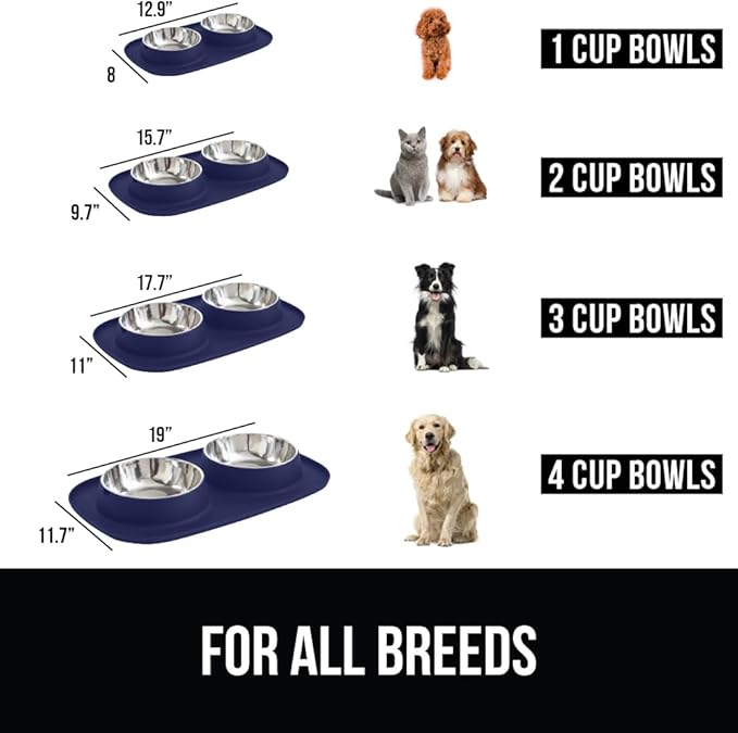 GORILLA GRIP Feeding Mat Bowl Set, 3 Cup 100% Waterproof BPA Free Silicone, 304 Stainless Steel Cat and Dog Bowls for Food and Water, Slip Resistant, High Edge, US Designed, Patent Pending, Navy Blue