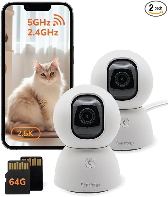SensForge 2.5K Indoor Pan-Tilt Dome Security Camera, 360° Coverage, AI Human & Pet Detection, Two-Way Talk, Dual-Band Wi-Fi (2.4G/5G), 64GB SD Card, Free Basic Plan, Optional Subscription (2, White)