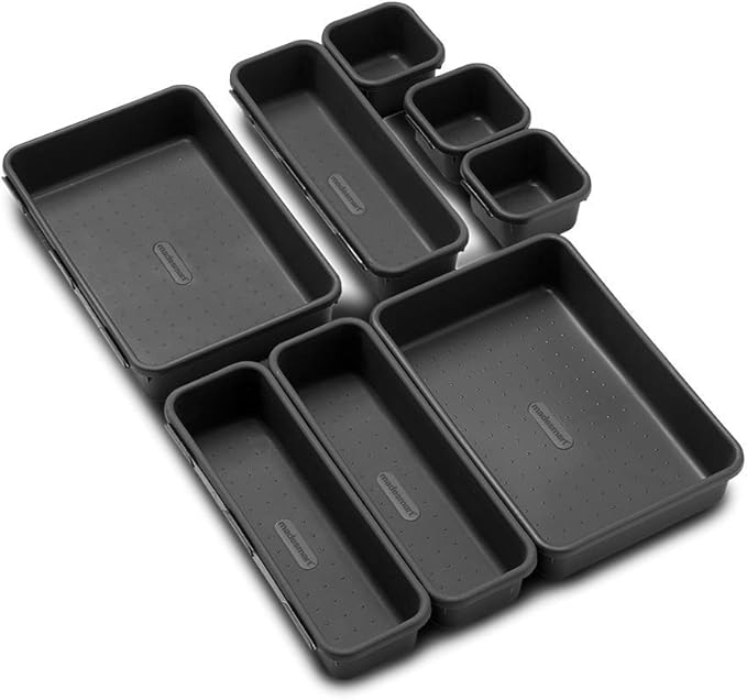 Madesmart 8-Piece Interlocking Bin Pack for Drawer Organization, Plastic Interlocking Junk Drawer Organizer Tray, Granite