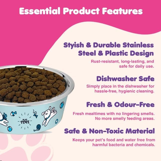 Stainless Steel Dog Bowls | Cat Bowls (Set of 2) - Anti Skid Dog Water Bowl | Cat Water Bowl - Dishwasher Safe - 13oz / 400ml – 12.3cm (Pale Turquoise Playtime Print)