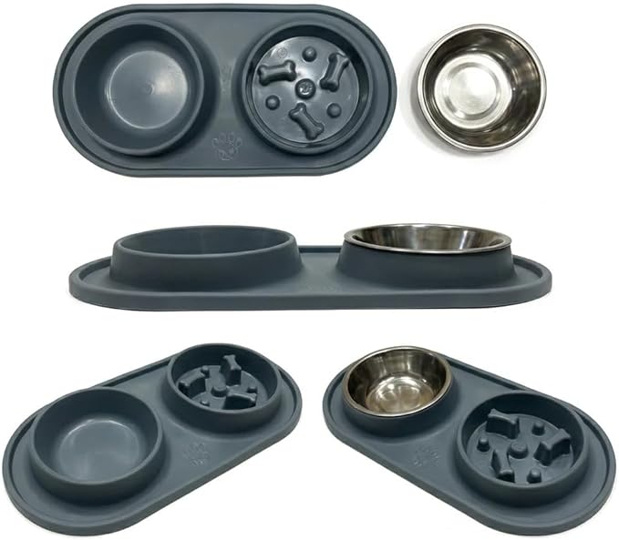 Slow Feeder Dog Bowls 2-in-1 Non-Spill - Anti-Slip Puzzle Feeder Dog Bowl with Stainless Steel Water Bowl, Dual Pet Food & Water Bowl Set for Bloat Prevention for Puppies Cat & Large Dogs
