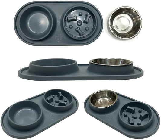 Slow Feeder Dog Bowls 2-in-1 Non-Spill - Anti-Slip Puzzle Feeder Dog Bowl with Stainless Steel Water Bowl, Dual Pet Food & Water Bowl Set for Bloat Prevention for Puppies Cat & Large Dogs