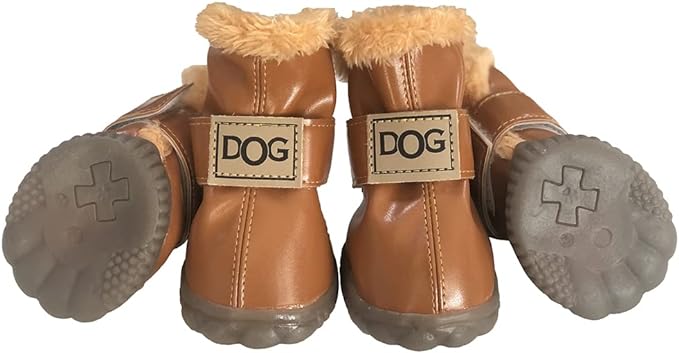 Winter Dog Boots & Paw Protectors: Outdoor Anti-Slip Dog Snow Shoes, Dog Booties Provide Warmth to Dogs Paws from Ice and Snow, Rubber Sole PU Leather Faux Fleece-Lined, Light Brown Dog Shoes Size 7