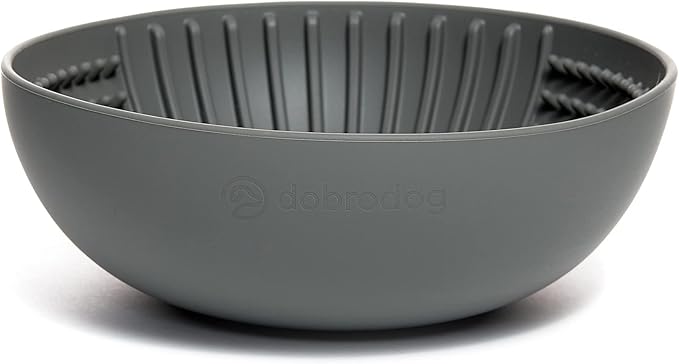Slow Feeder Dog Lick Bowl 2in1 Elevated Set – Silicone Mat with Suction & Raised Stand, Puzzle Design Slows Eating, Anti-Bloat Interactive Dish, Dishwasher Safe, Gray