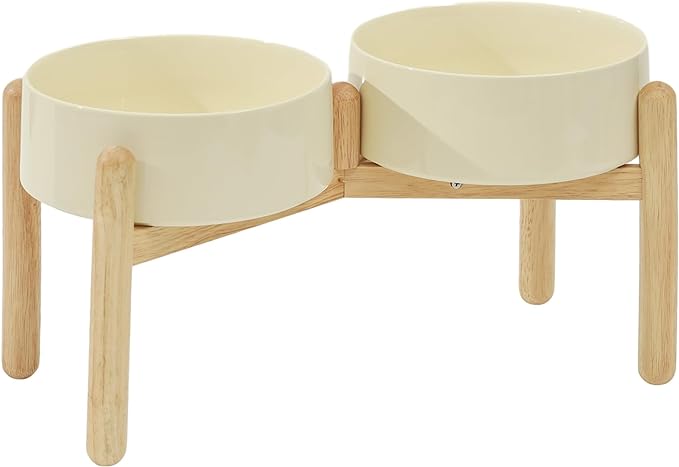 Ceramic 8.2inch Raised Dog Bowl with Stand for Large- Breed Dogs, Pet Food and Water Feeder (Double Bowl with Stand - Light Yellow)