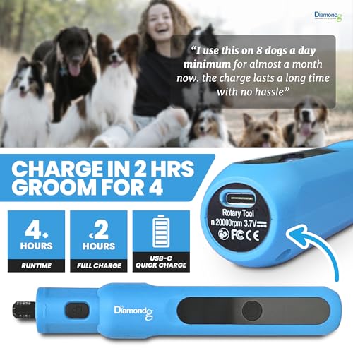 Diamondg Cordless Micro Dog Nail Grinder with Quiet Sound & LED Tip for Large & Small Dogs, 4hrs. Runtime - Electric Dog Nail Trimmer, Heavy Duty Rotary Tool Alternative to Toenail Clippers & Filers