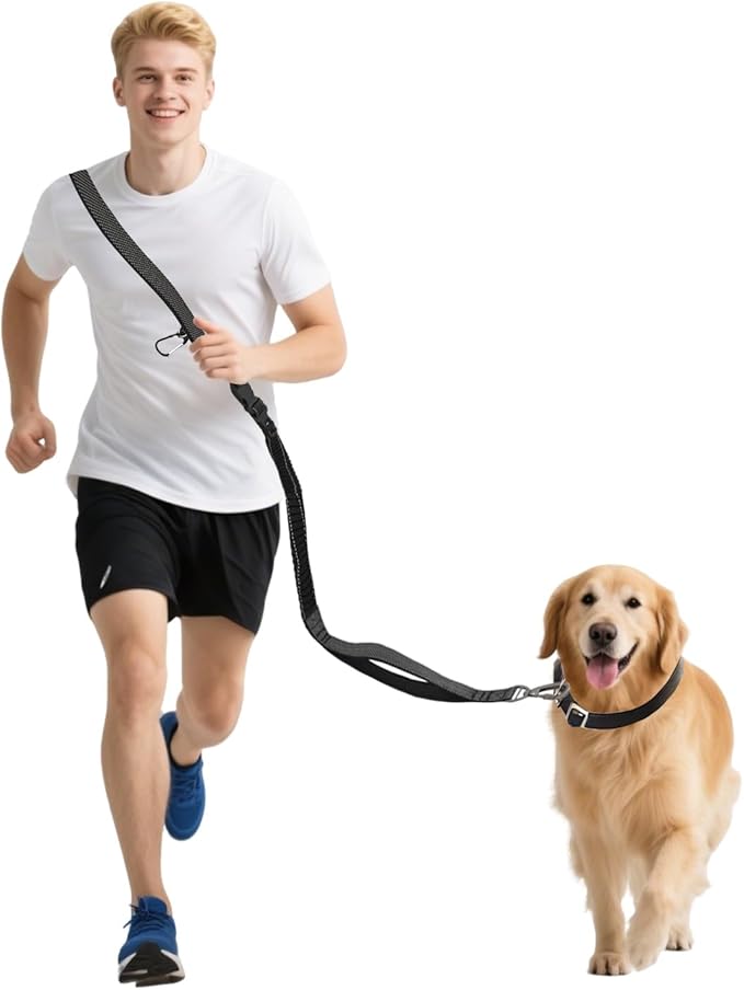 Hands-Free Dog Leash - Tactical Rope with No Pull Bungee Tangle Free Clip, Adjustable Length for Multi-Use, 2-Handle with Reflective Strip, Lead for Hike Run Small Medium Large Pet (Black)