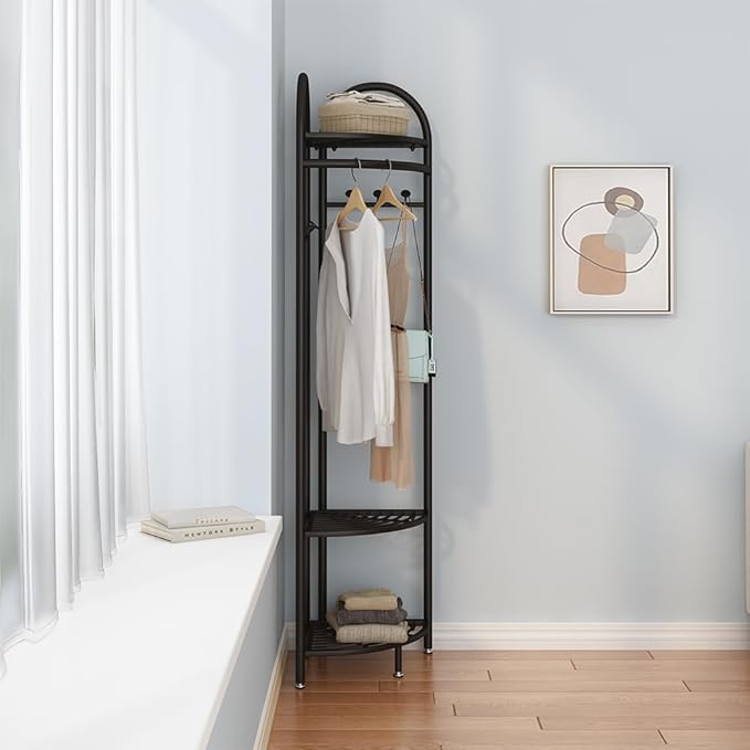 Black Corner Hall Tree, Freestanding Garment Rack with 6 Hooks and Storage Shelf, Metal Clothing Racks Coat Racks for Hallway, Entryway, Bedroom, Living Room, Office(Black)