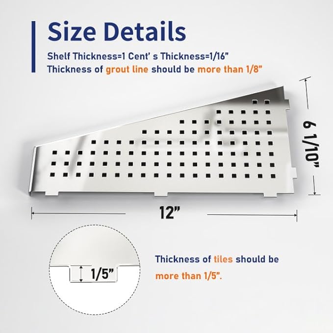 Corner Shower Shelf 12" Polished 304 Stainless Steel Recessed Trapezoid Grout in Shelves with Grid Design Bathroom Shelf Racks for Tiled Wall, 2 Pack