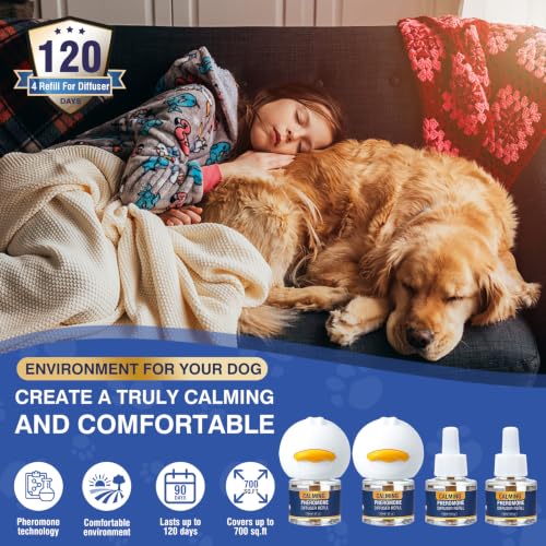 Dog Calming Pheromones Diffuser 6 in 1 Kit Appeasing Pheromone Diffuser to Calm (2 Plug in+4 x48ml Refill) for Anxiety Relief Reduce Aggression Fighting Barking Stress 120 Day Supply