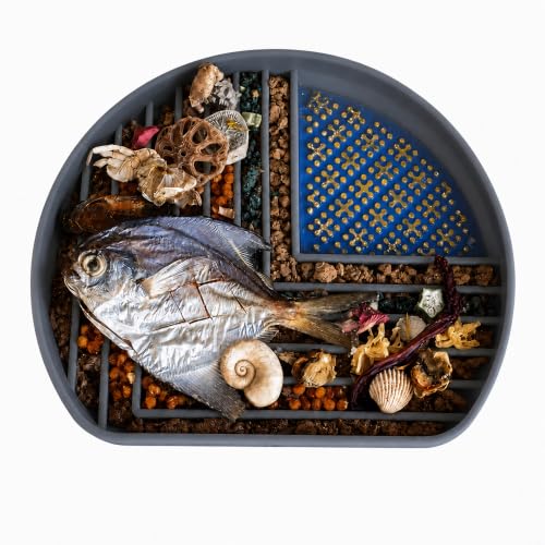 Snack Dish Slow Feeder Bowl for Dogs & Cats – Dual Pattern Design with Treat Corner, Mess-Free Feeding, Dishwasher Safe | Kubi Pets (Gray) (Gray)