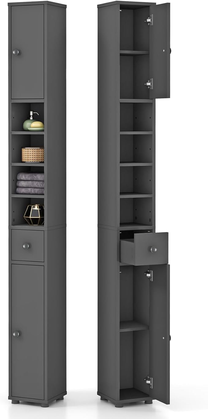 LDAILY 71”Tall Narrow Storage Cabinet, Skinny Bathroom Storage with 1 Drawer, 2 Doors, 5 Adjustable Shelves and Anti-Tipping Device, Wooden Slim Bathroom Cabinet for Office, Kitchen, Small Space
