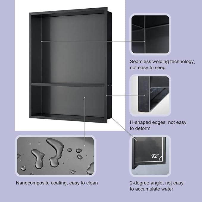 Shower Niche, 16"x20" No Tile Needed, The Insert Storage Rectangle Double Shower Shelf is Easy to Install, Stainless Steel, Black Grey