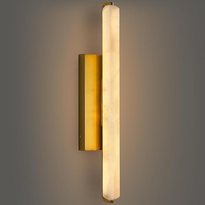 Alabaster Wall Sconces, 25" Brass Alabaster Sconce, Spanish Natural Marble Wall Sconce Lamp Indoor, Rectangle Modern Sconces Lighting for Bathroom Living Room Bedroom Stairs Hallway