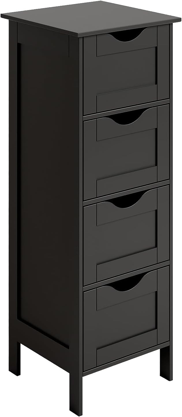 Bonnlo Slim Bathroom Floor Cabinet, 4-Drawer Wooden Freestanding Storage Unit, Small Side Organizer for Narrow Spaces, Compact Bathroom Storage Cabinet for Kitchen, Hallway & Office, Matte Black