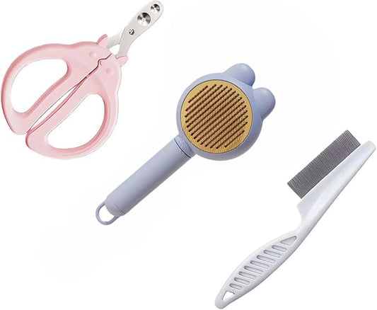 3-Set Self-Cleaning Pet Grooming Brush - Deshedding Tool for Dogs & Cats, Skin Friendly Hair Remover for Long & Short Haired Pets, Professional Dog & Cat Brush for Shedding Control(White)