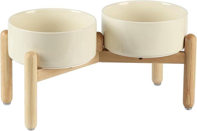 Ceramic 7.3inch Raised Double Bowls Set with Wooden Stand, Food & Water Bowls for Medium Breed Dogs, Weighted Dog Dishes, Pet Feeder(Light Yellow)