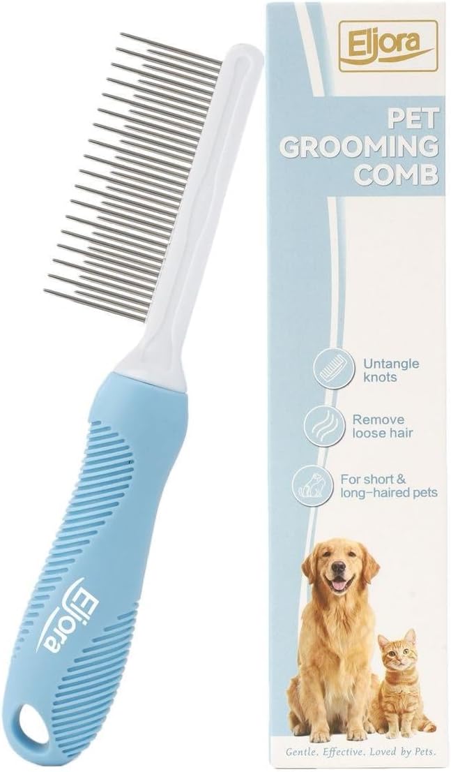 Pet Grooming Glove & Dematting Comb Set – Anti-Slip Handle Deshedding Comb+ Gentle Massage Glove (Pair) for Dogs & Cats (Comb)