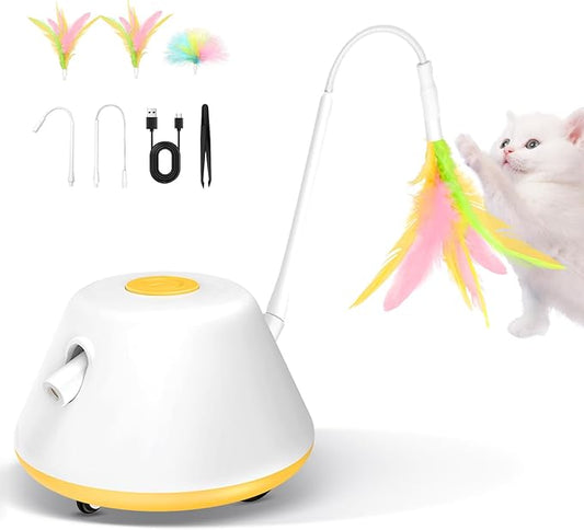 3 in 1 Interactive Cat Toys for Indoor Automatic Cat Laser Toy with Removable Feather Toy,3 Self Moving Modes, Smart Standby, USB Powered,Rubber Wheels Automatic Kitten