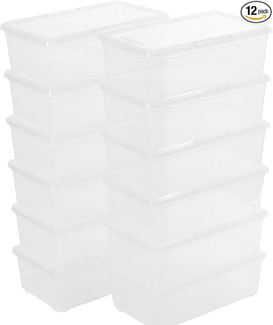 Stackable Clear Storage Bins with Lids Shoe Boxes 12 Packs Plastic Storage Containers 6 Quart Latching Plastic Shoe Boxes With Lids (Clear)
