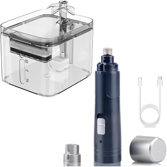 Pet Fountain 3L Clear Cat Water Fountain and Rechargeable 2 Speed Dog Nail Grinder Pet Water Dispenser