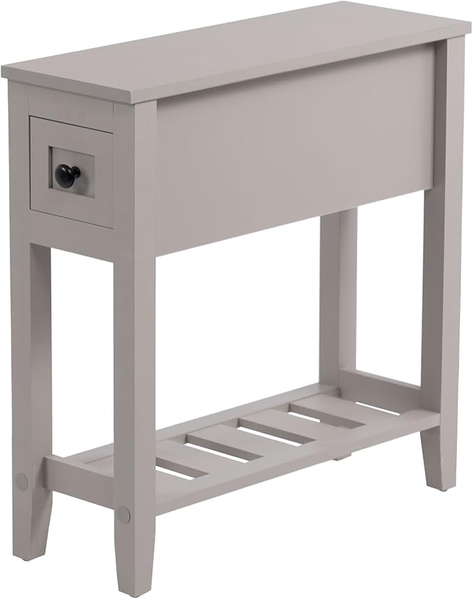 Grey Chairside Narrow End Table, Solid Recliner Side Table with Drawer, Slim Nightstand Bedside Table for Living Room Bedroom