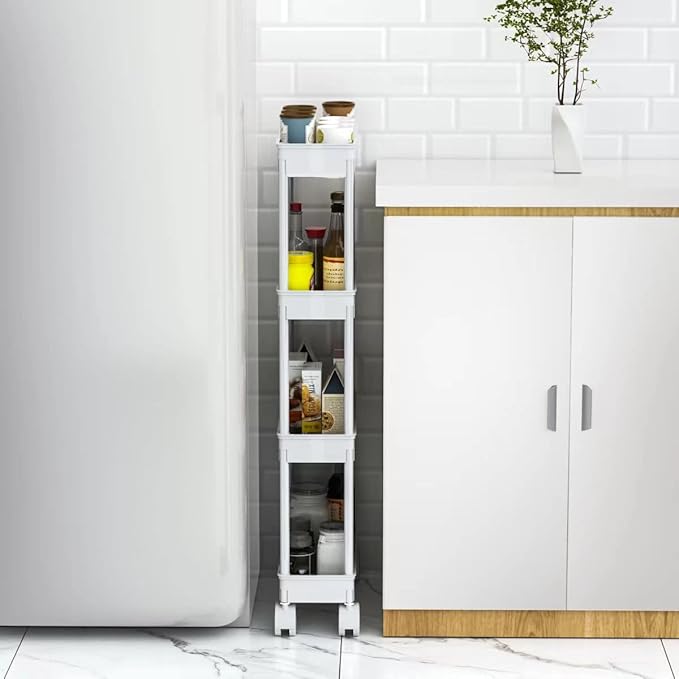 Sooyee 4 Tier Slim Storage Cart Mobile Shelving Unit Organizer Slide Out Storage Rolling Utility Cart Tower Rack for Kitchen Bathroom Laundry Narrow Places, Plastic & Stainless Steel,White
